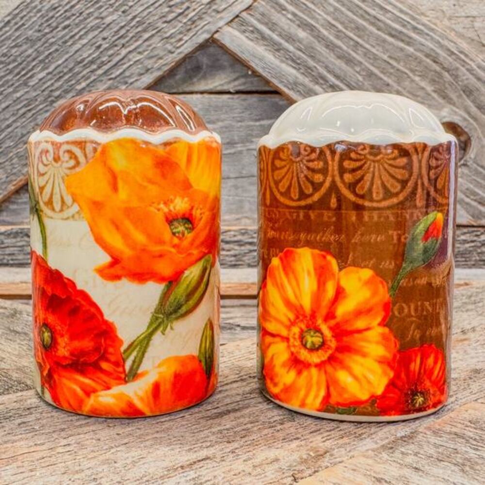 Retro Poppy Themed Ceramic Salt and Pepper Shaker Set, 3”H x 2”W